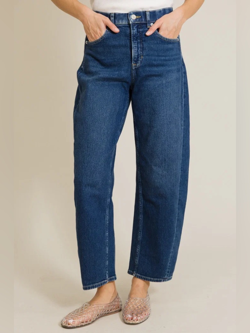 Spanx Shape Authentic 360 Barrel Leg Jeans Dark Wash Womens Size Large Petite